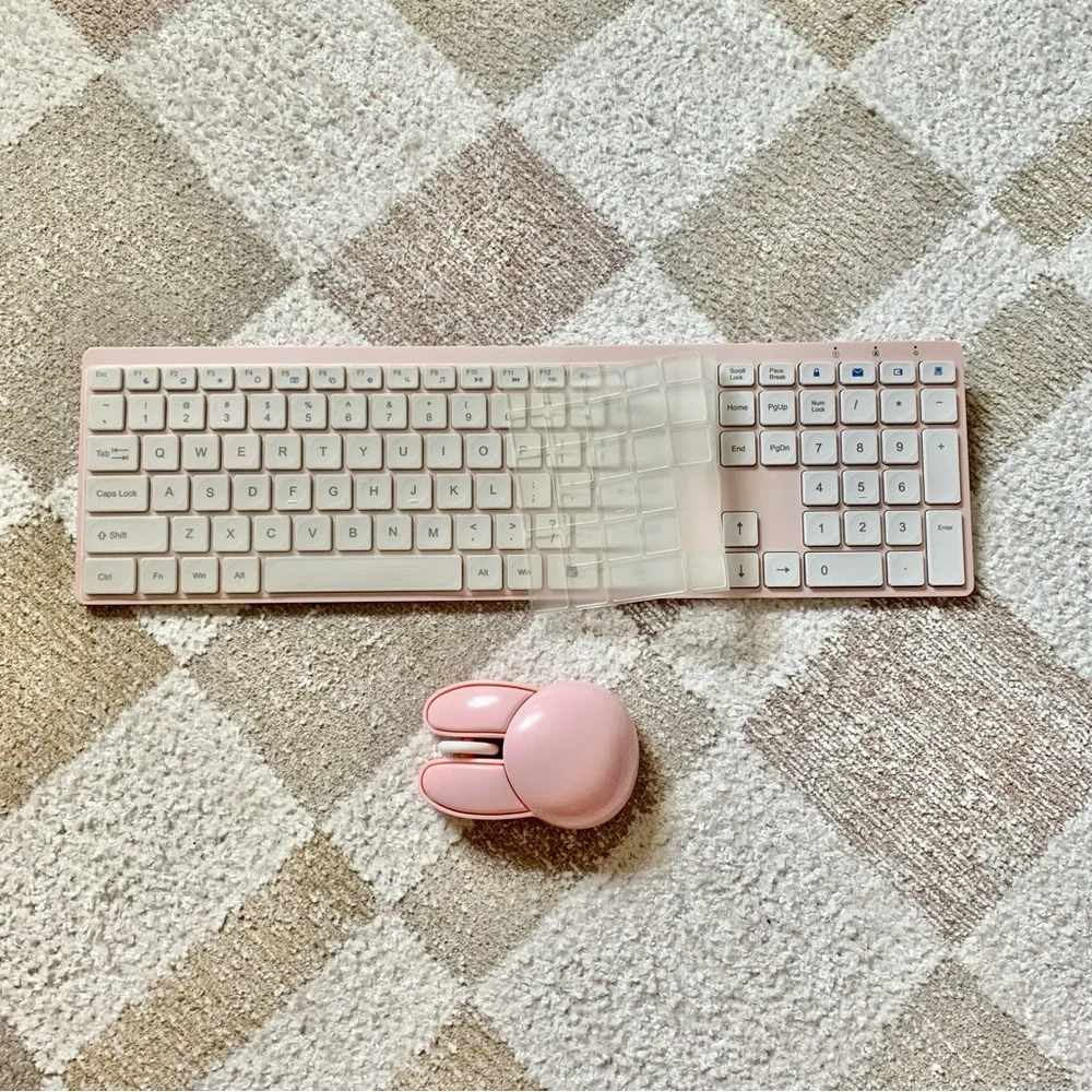 Pink Silent Keyboard with Numbers USB with Dust Cover and Pink Bunny Mouse USB